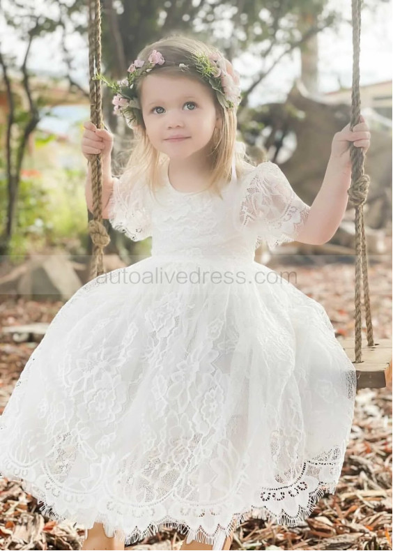 Short Sleeves Ivory Eyelash Lace Dreamy Flower Girl Dress